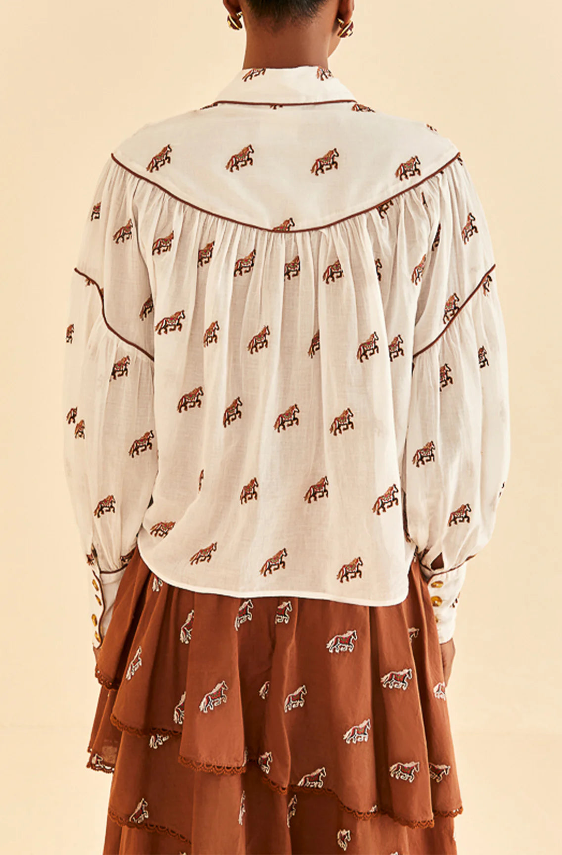 Embroidered Horses Volumnious Off White Blouse