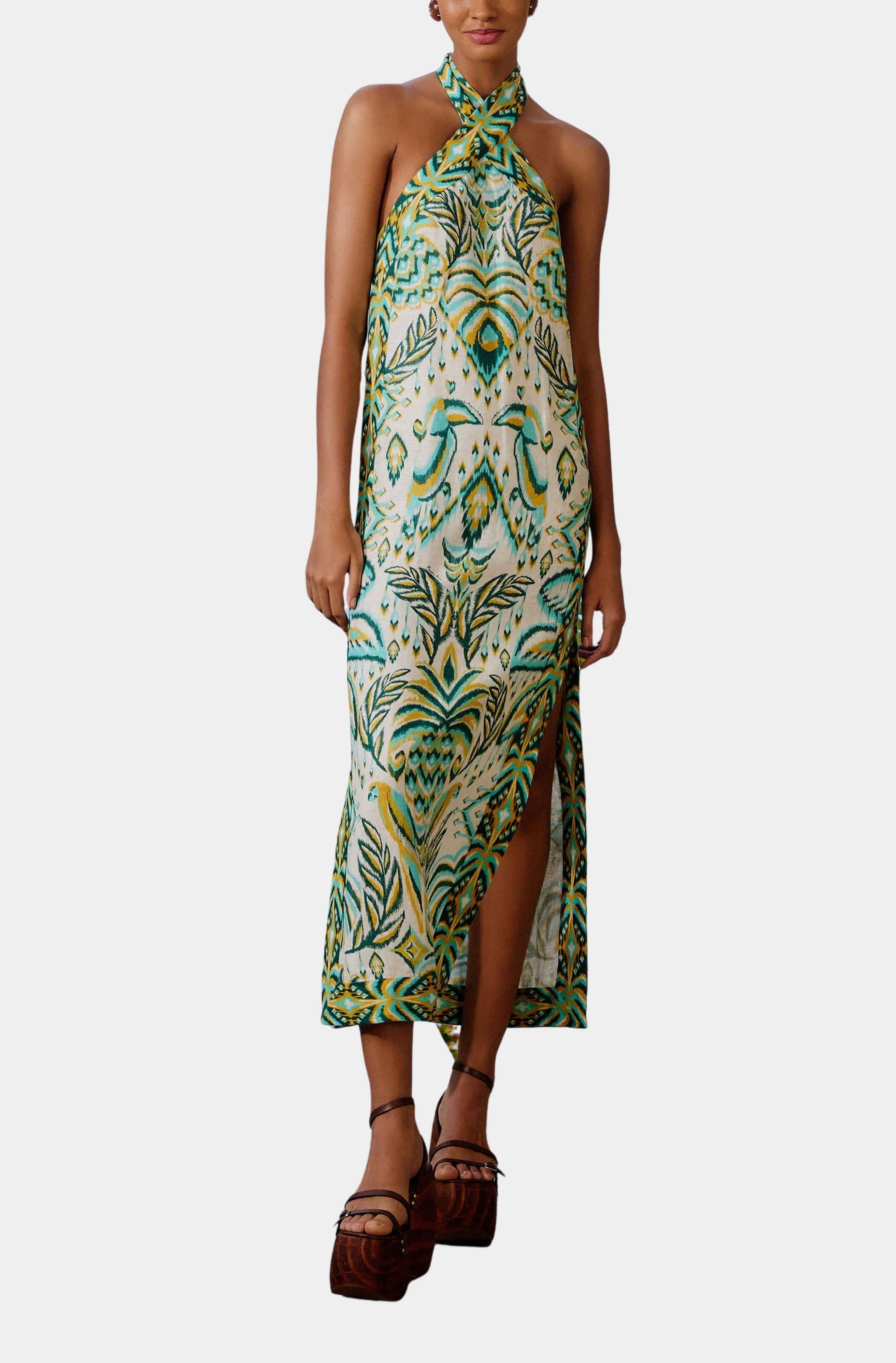 Tropical Tapestry Off-White Halter Neck Maxi Dress Hemline Mandeville Tropical Tapestry Off-White Halter Neck Maxi Dress Hemline Mandeville