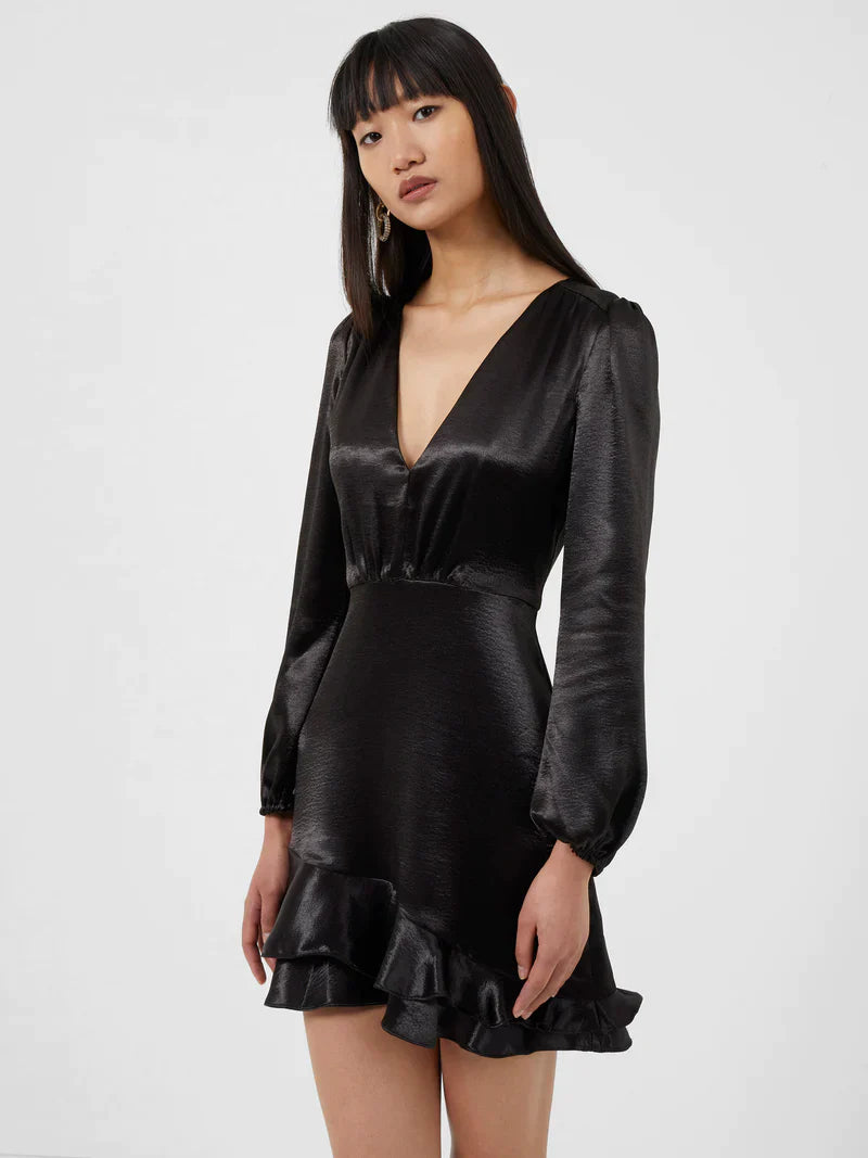 Denney Satin Long Sleeve V-Neck Dress