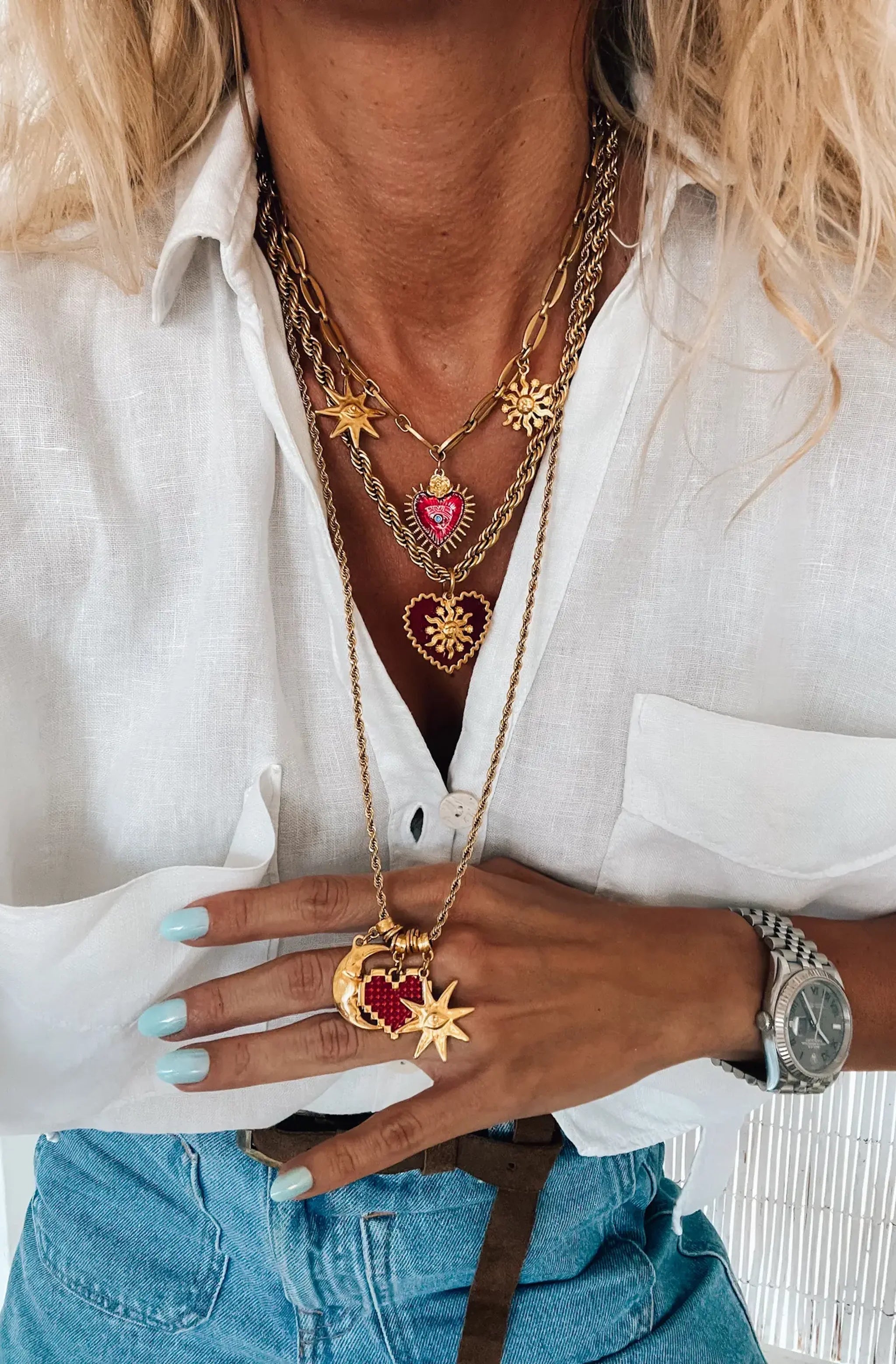 Gold And Red Hearts Charm Necklaces