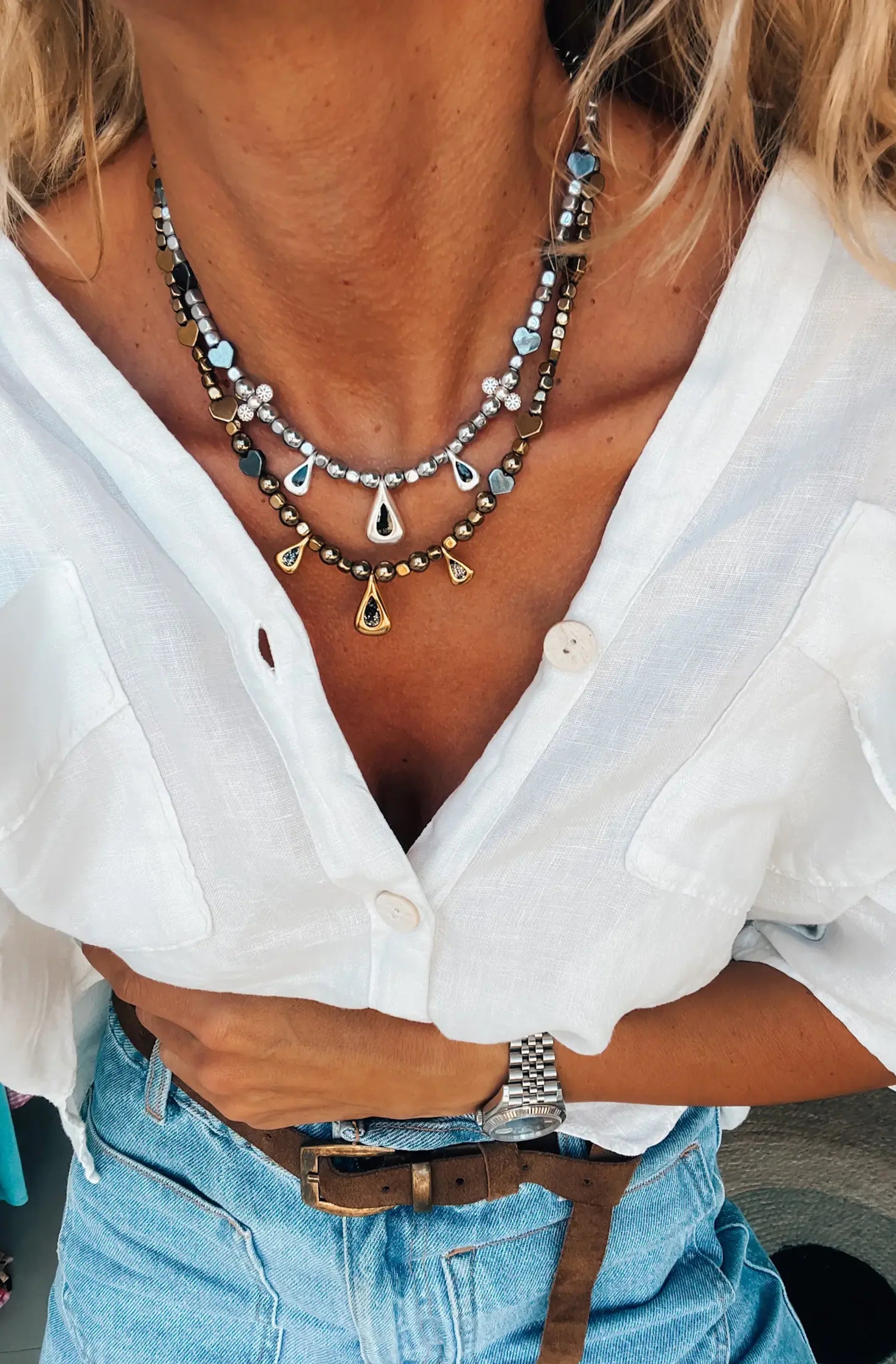 Hematite Beaded Necklace in Silver and Gold