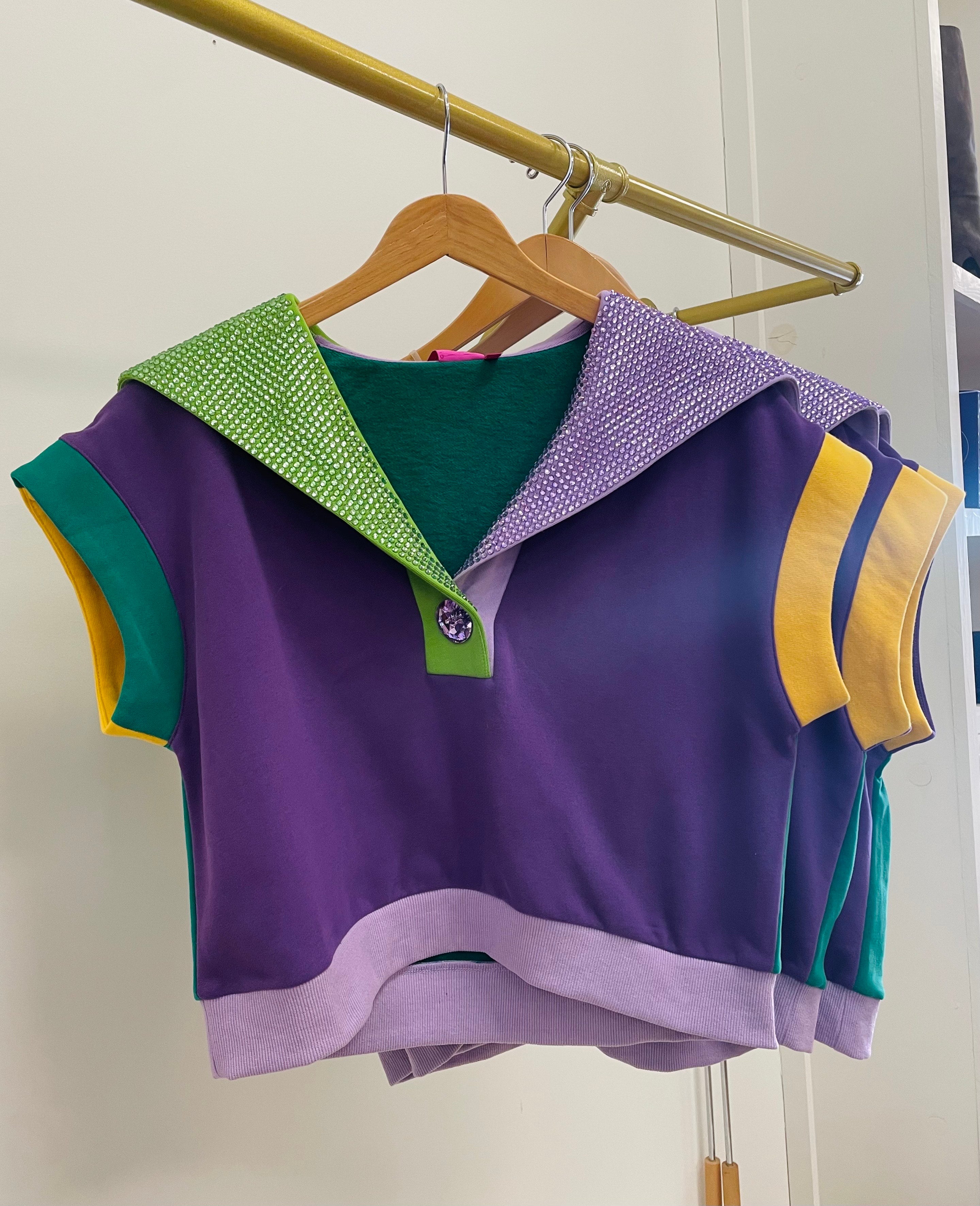 Mardi Gras Colorblock Rhinestone Collar Top