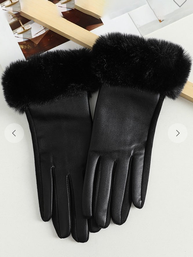 Leather Gloves with Faux Fur Trim