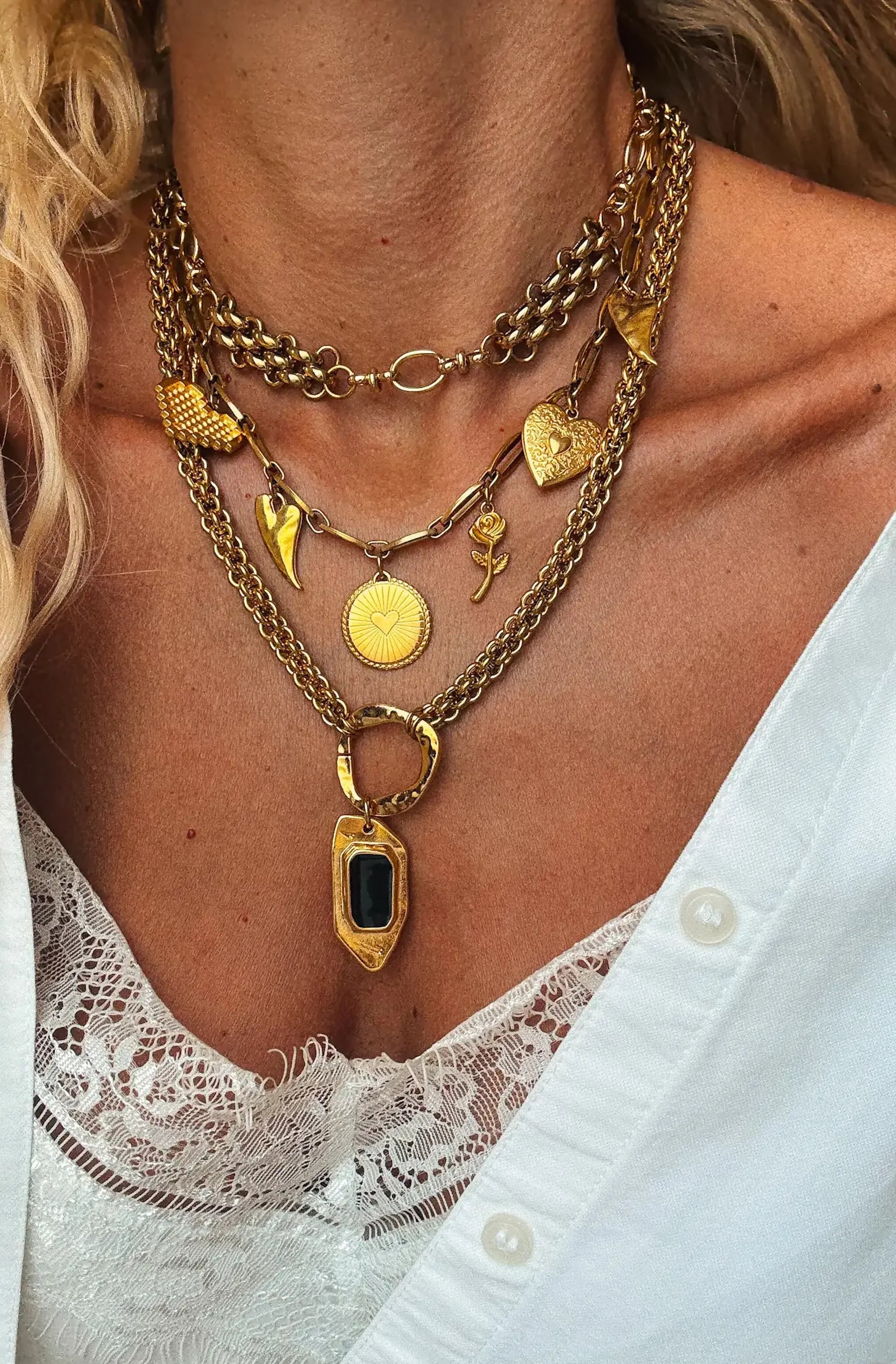 Cross Charm Layered Necklace Layering in Gold Tones