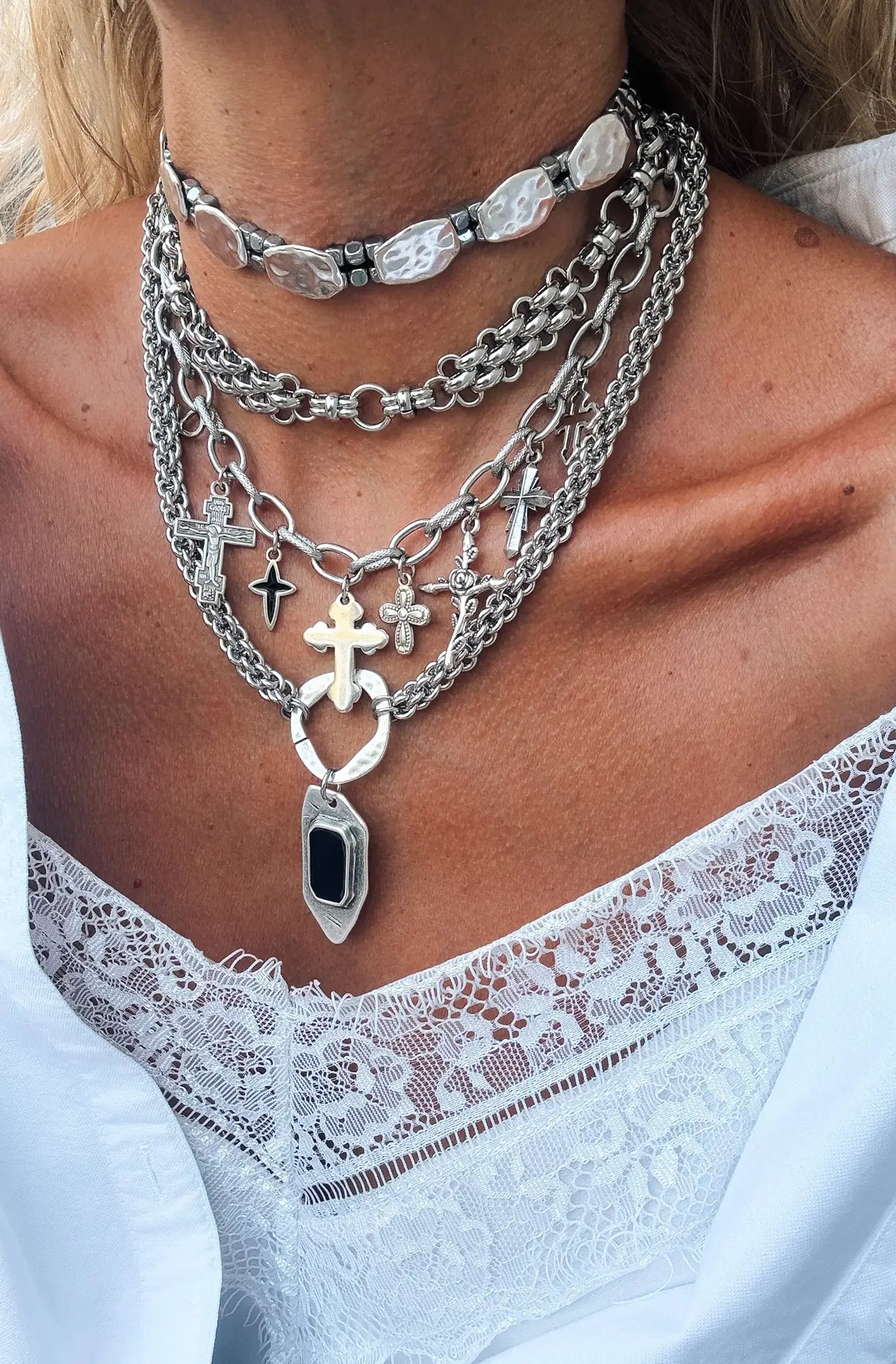Cross Charm Layered Necklace Set in Silver Tones