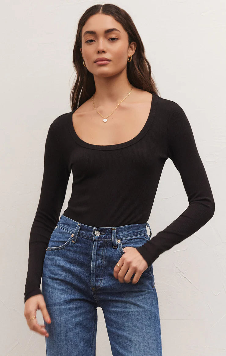 Lilah Long Sleeve Rib Bodysuit in Black
