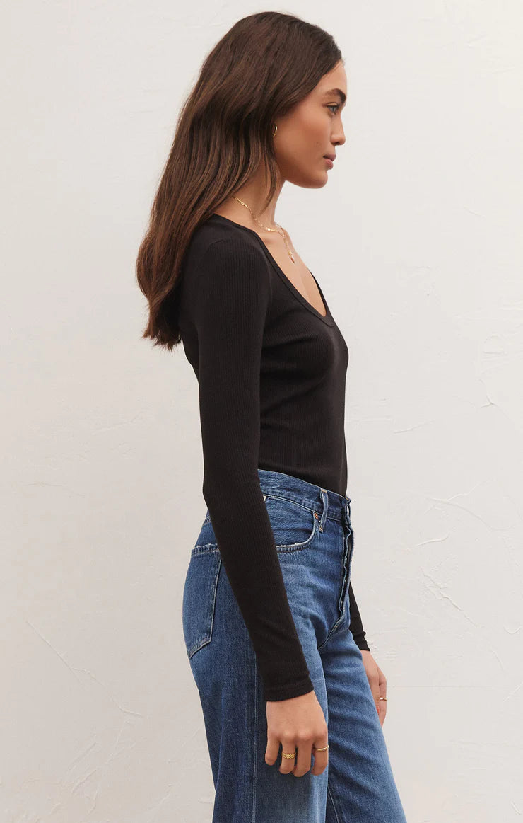 Lilah Long Sleeve Rib Bodysuit in Black
