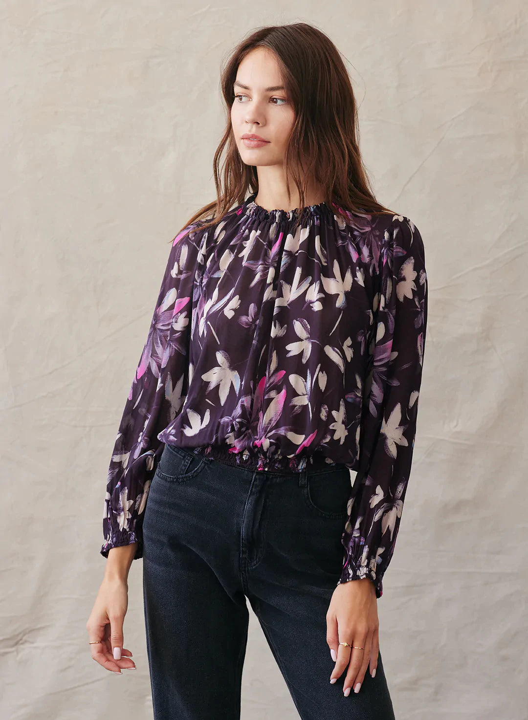 Dolby Smocked Neck Pullover in Floral Plum Print