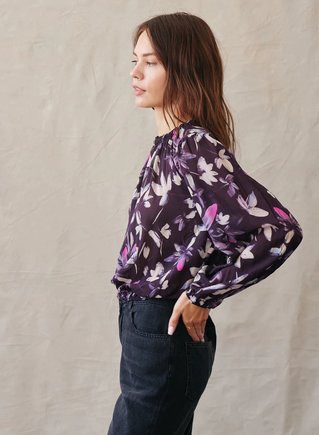 Dolby Smocked Neck Pullover in Floral Plum Print