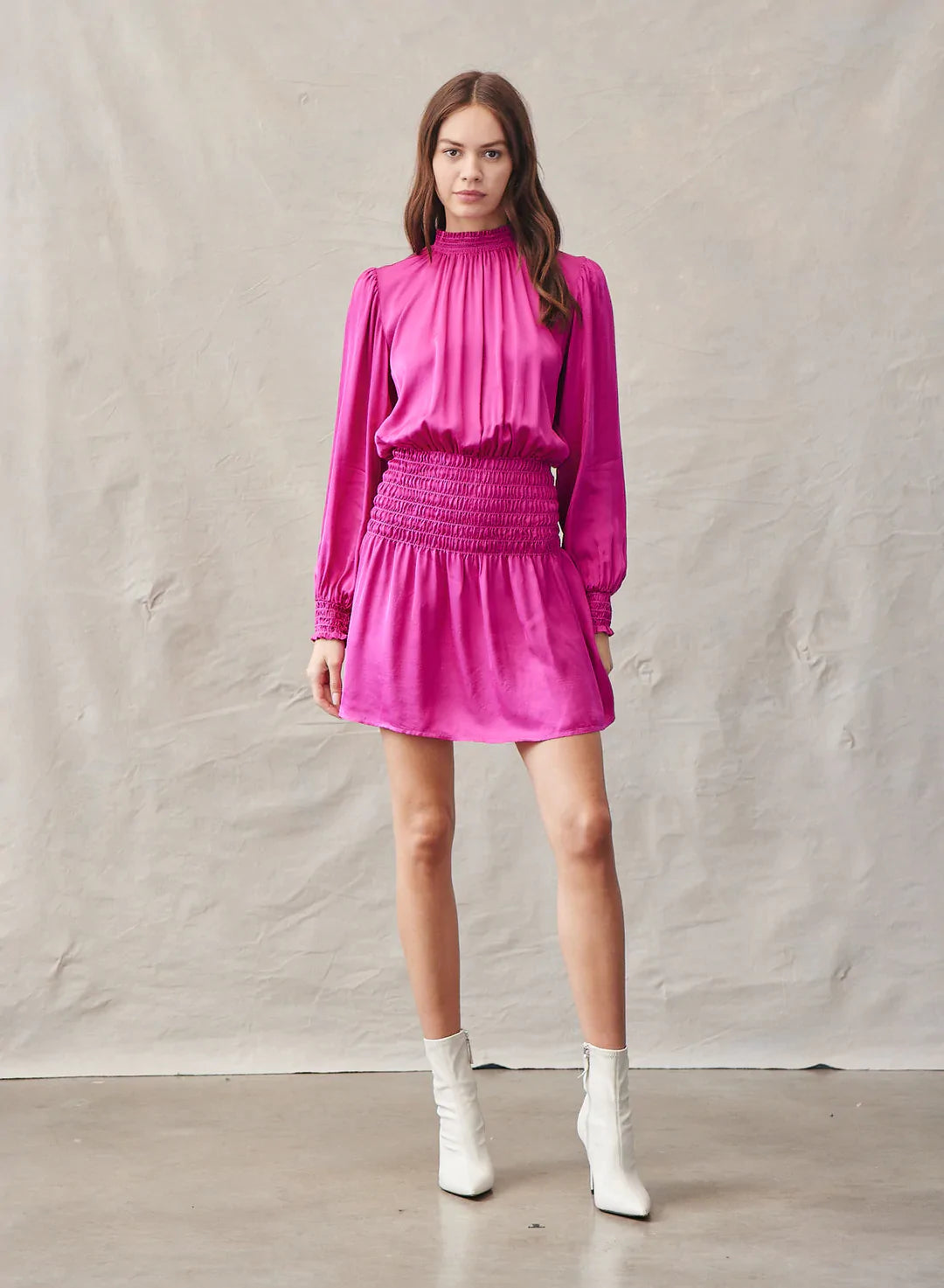 Smocked Waist Mini Dress in Rich Magenta