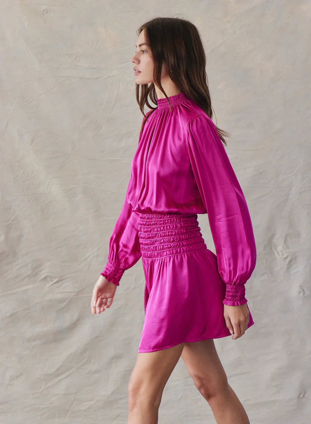 Smocked Waist Mini Dress in Rich Magenta