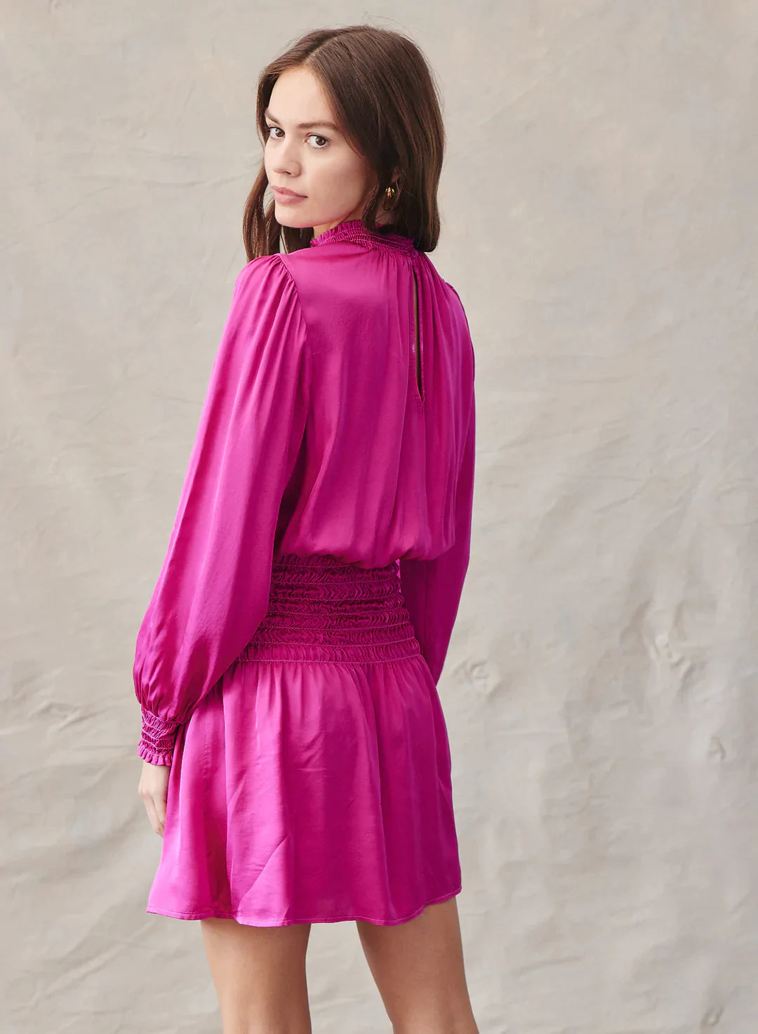 Smocked Waist Mini Dress in Rich Magenta
