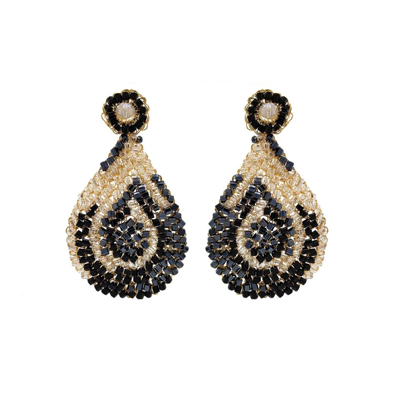 BLACK & WHITE TEARDROP HANDMADE CROCHET EARRING