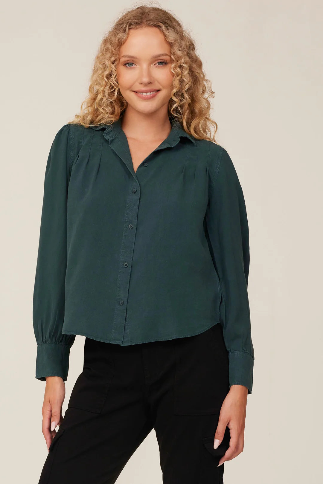 Pin Tucked Button Down in Jade Night