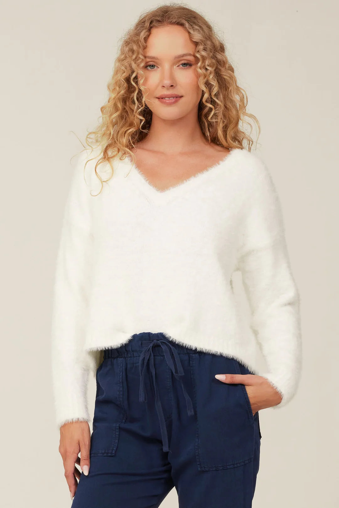 Slouchy V Neck Sweater in White