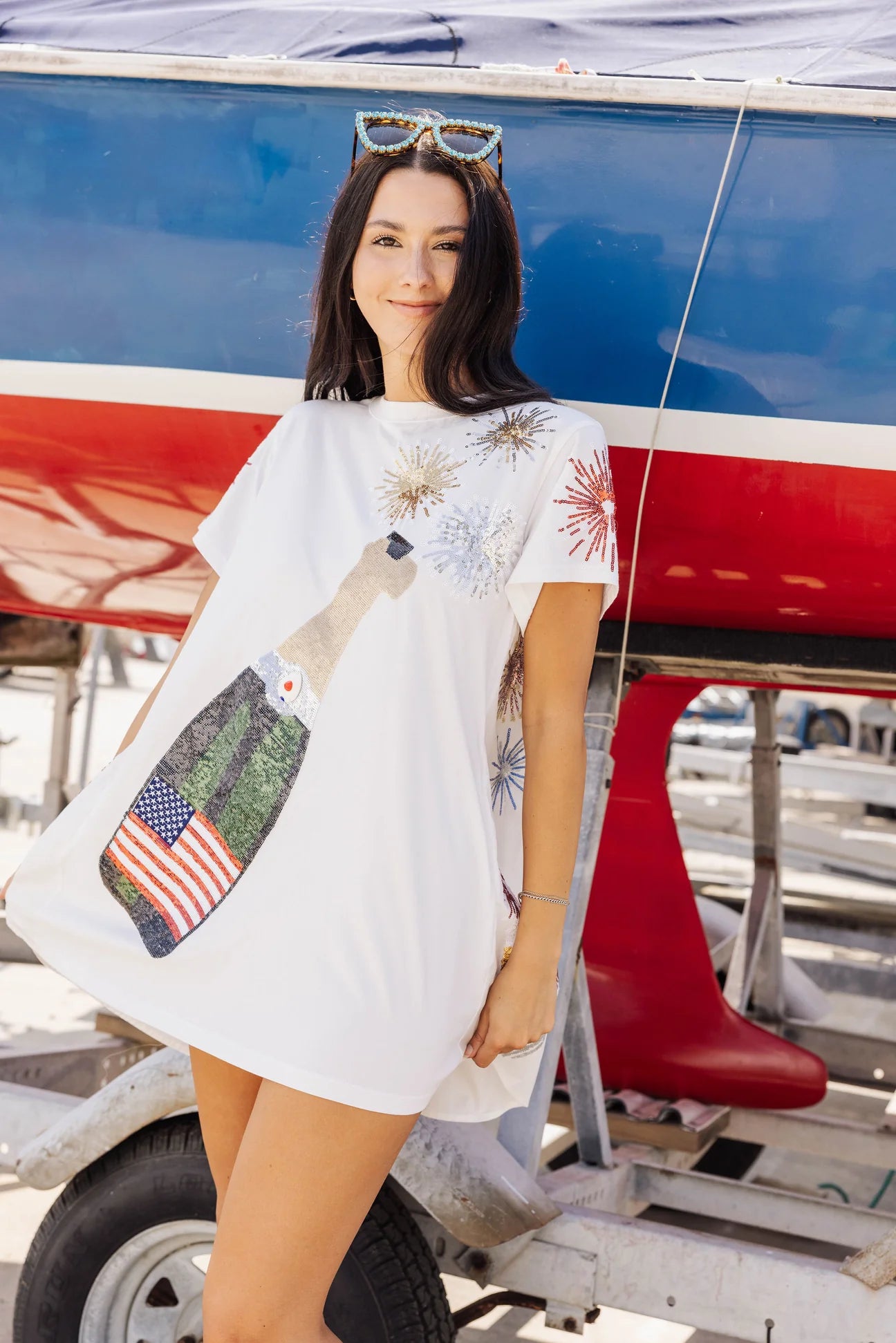 White USA Popping Champagne Tee Dress