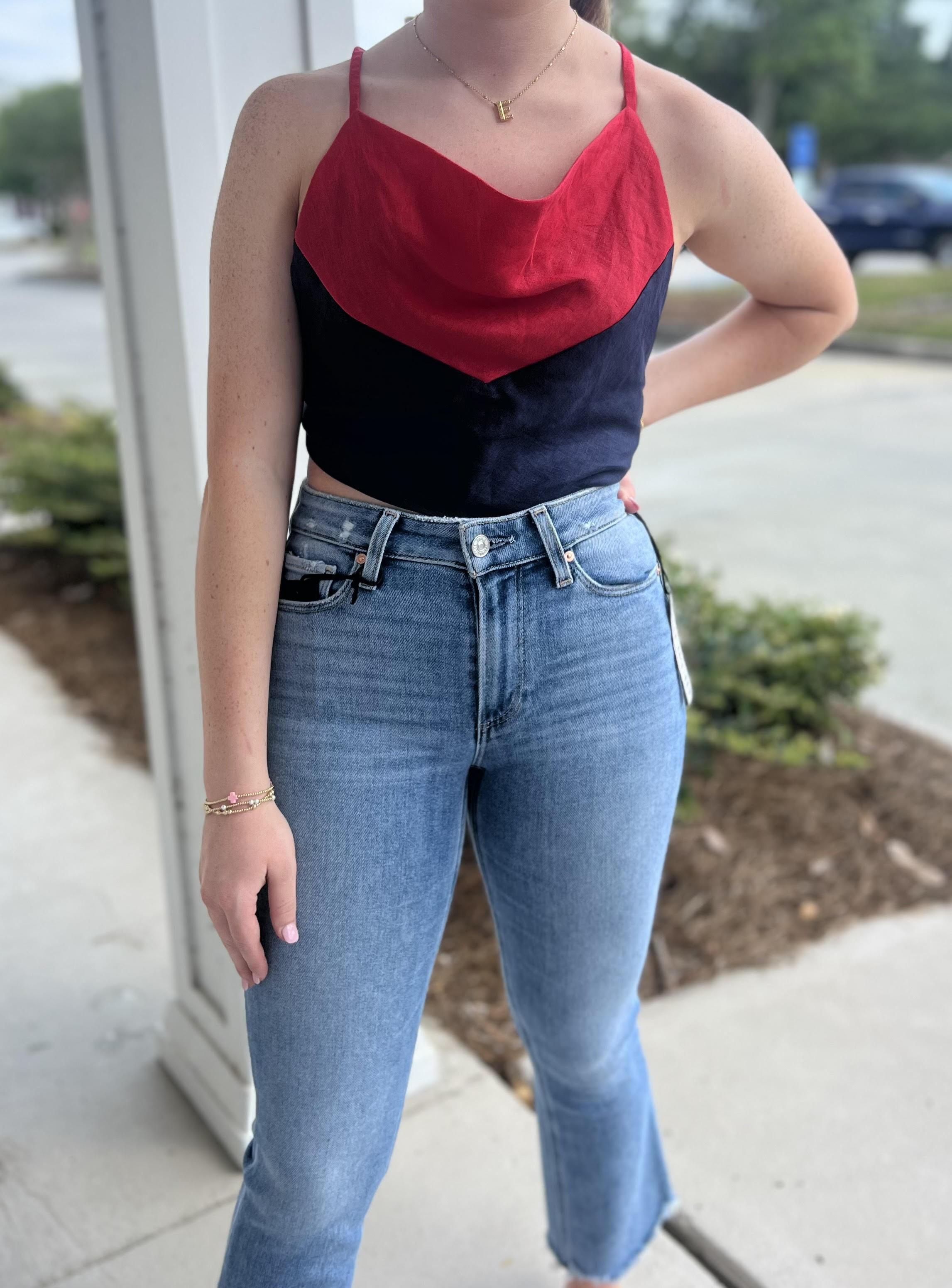 Pippa Linen Top in Navy/Red