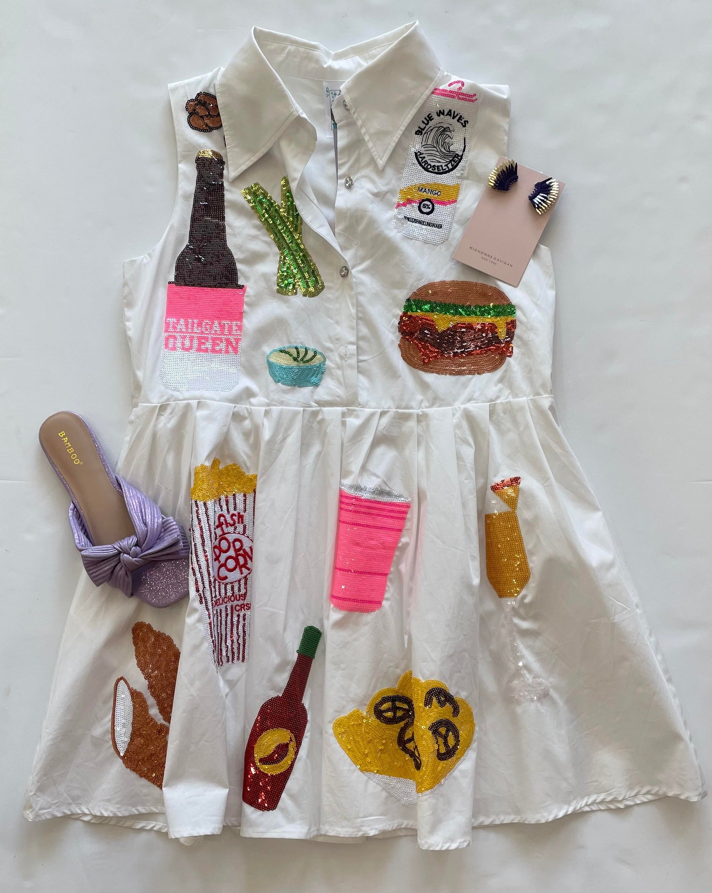 White Tailgate Food Icon Collar Dress