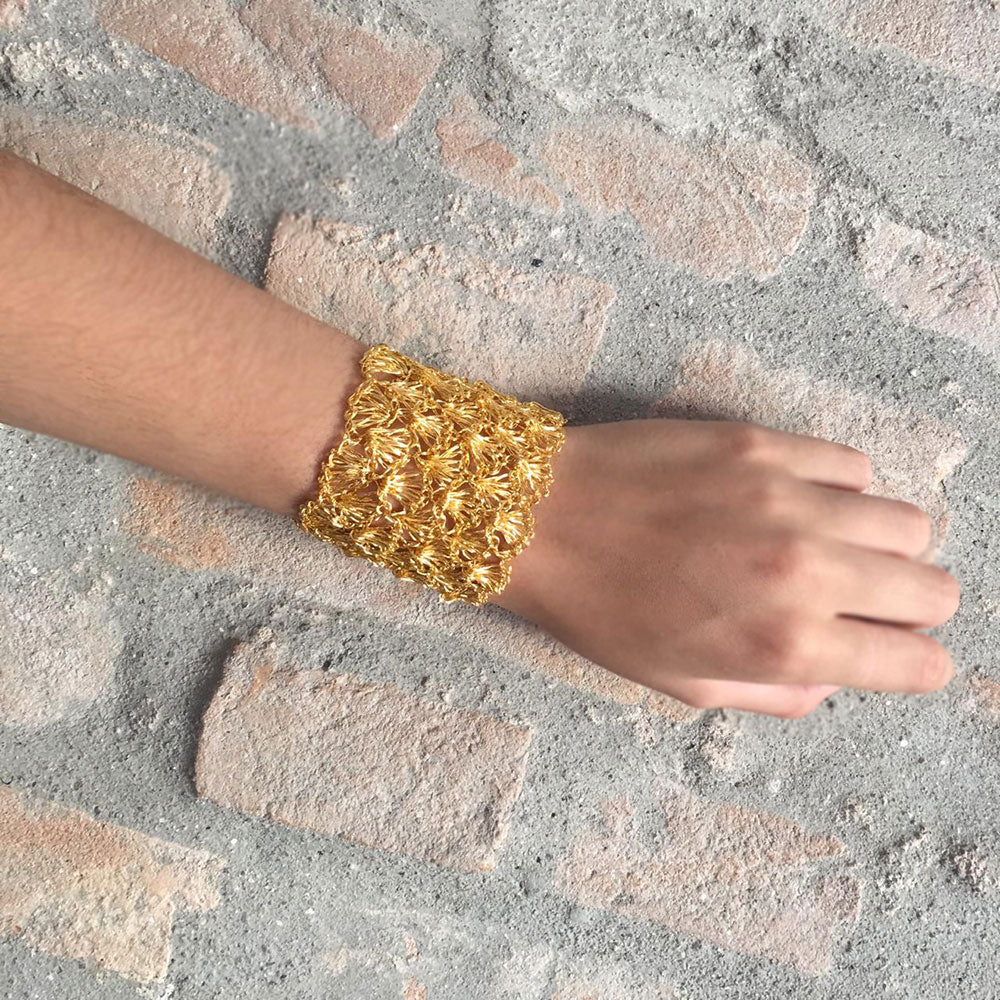 Wide Gold Handmade Crochet Bracelet