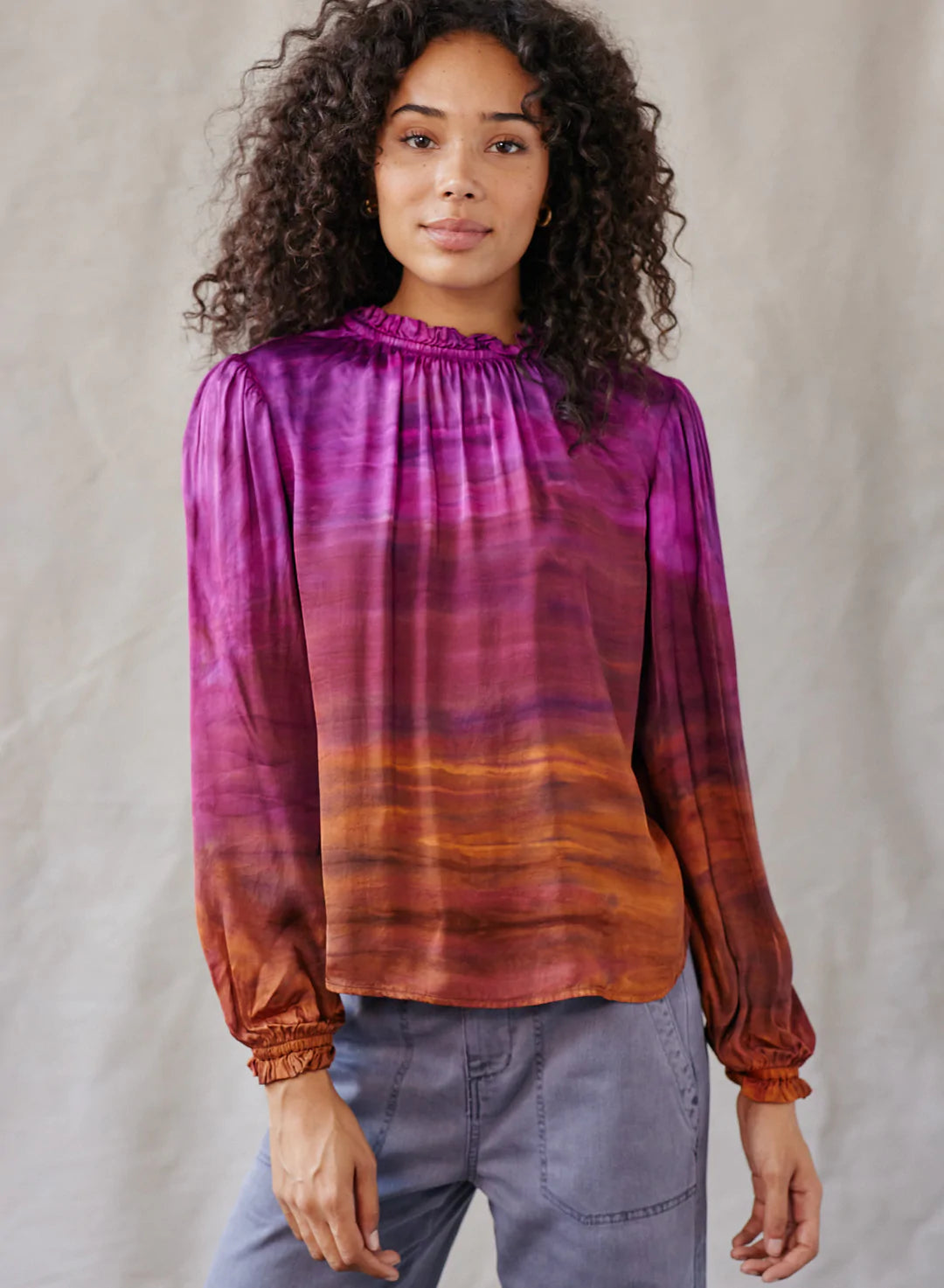 Bishop Sleeve Ruffle Neck Top in Brandy Horizon
