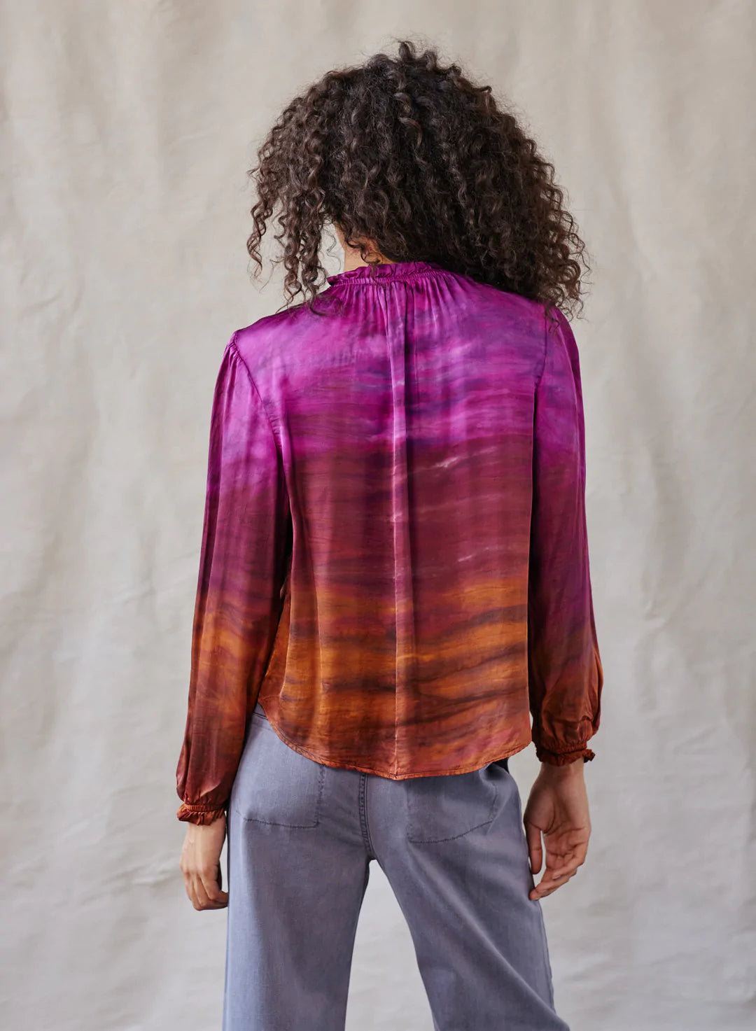 Bishop Sleeve Ruffle Neck Top in Brandy Horizon