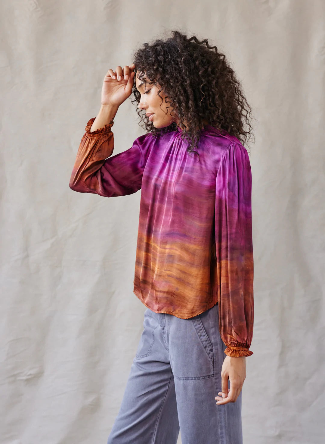 Bishop Sleeve Ruffle Neck Top in Brandy Horizon