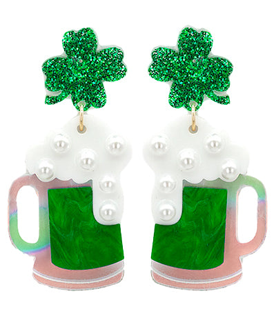 Glitter Clover and Mug Earrings in Green/White