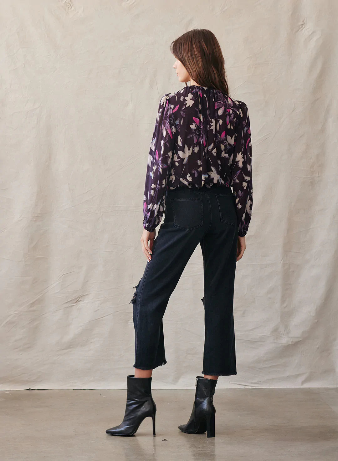 Dolby Smocked Neck Pullover in Floral Plum Print